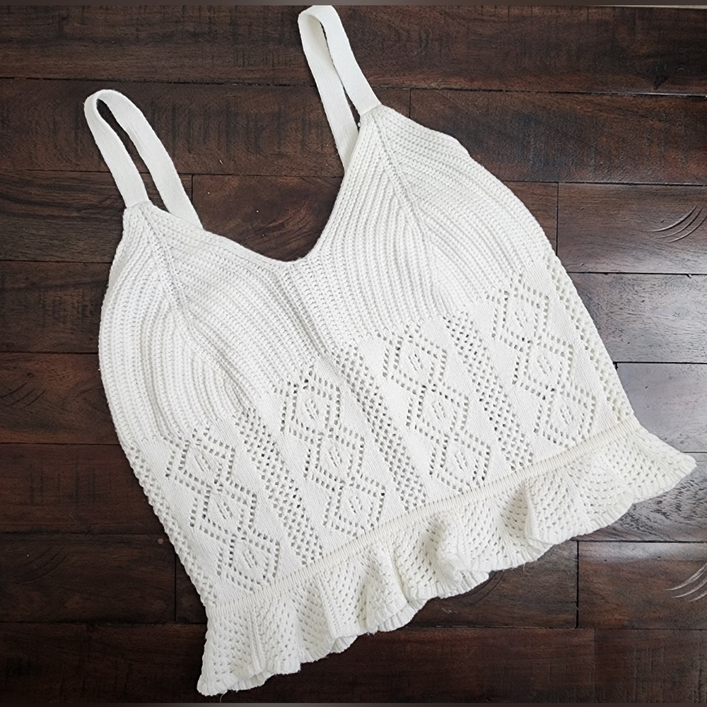 American Rag Crochet Cream Knit Pointelle Top Larg Summer Coastal Cowgirl Cotton